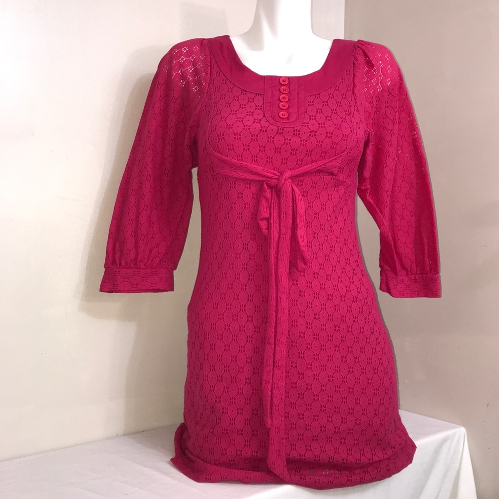 GUESS Hot Fuchsia Pink Eyelet 3/4 Puff SleeveDress
